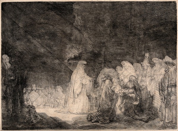 Simeon holds the infant Jesus in his arms. Etching by Rembrandt, ca. 1639.