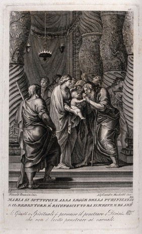 Simeon bows to the infant Jesus Christ. Engraving by A. Mochetti after N. Poussin (?).