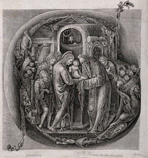 view The presentation of Jesus to Simeon, or to a priest of the Temple. Engraving with stipple after F. Bonsignori.