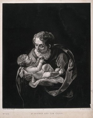 view Simeon holds the Christ child, who is holding an apple. Mezzotint by H. Dawe after G. Reni.