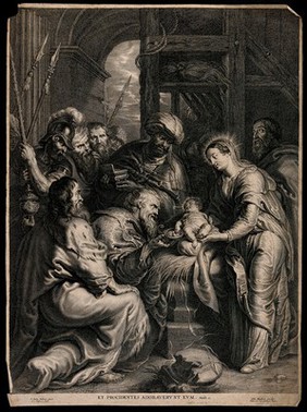 The infant Jesus grabs at the gold offered to him by the Magi. Engraving by S.A. Bolswert after Sir P.P. Rubens.