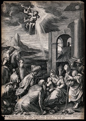 view The adoration of the magi. Engraving by R. Sadeler after J. Bassano.