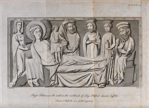The adoration by the magi of Christ, shown as young and old. Etching by J. Basire the elder, 1794, after J. Carter, after a bas-relief in Long Melford church, Suffolk.