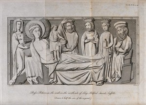 view The adoration by the magi of Christ, shown as young and old. Etching by J. Basire the elder, 1794, after J. Carter, after a bas-relief in Long Melford church, Suffolk.