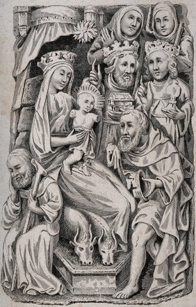 The adoration of the magi. Etching by J. Swaine after R. Shipster after medieval bas-relief.