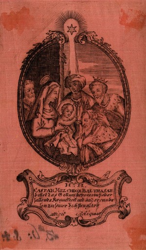 view The adoration of the magi; with inscription of prayer against disease. Engraving on red silk.