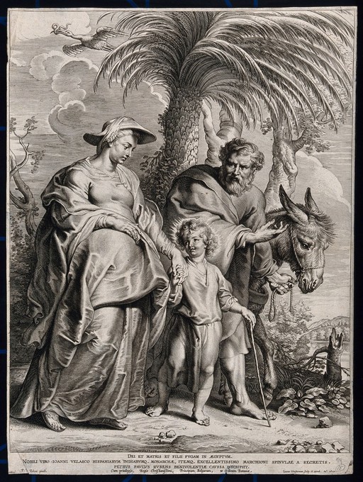 Mary, pregnant with James, and Joseph voyage back from Egypt with the child Jesus. Engraving by L. Vorsterman the elder, 1620, after P.P. Rubens.