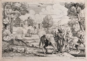 view The fugitive holy family board a barge across a river. Etching by J.B. Corneille after Annibale Carracci or D. Zampiere, il Domenichino.