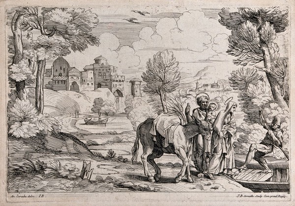 The fugitive holy family board a barge across a river. Etching by J.B. Corneille after Annibale Carracci or D. Zampiere, il Domenichino.