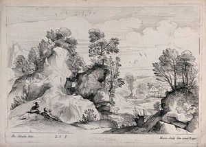 view The fugitive holy family find rest. Etching by C. Macé after A. Carracci.