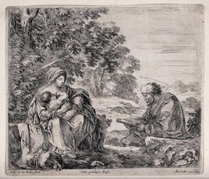 view Joseph reads from the Bible while the Virgin Mary breast feeds Jesus. Etching by S. della Bella.