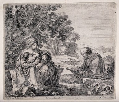 Joseph reads from the Bible while the Virgin Mary breast feeds Jesus. Etching by S. della Bella.