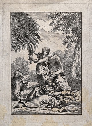 While the holy family rest on the way to Egypt, an angel bends a palm tree to provide them with dates. Etching.