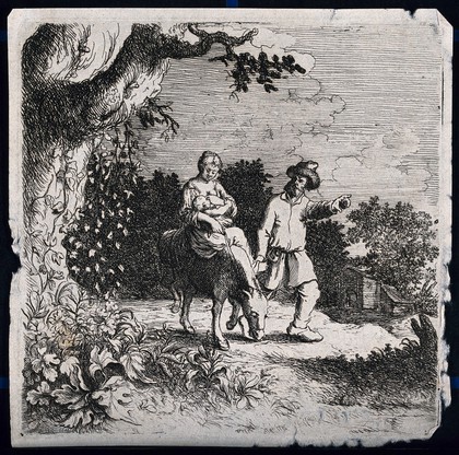 The flight into Egypt: Mary rides on the donkey, breast-feeding Jesus; Joseph walks beside them. Etching by W. Basse.