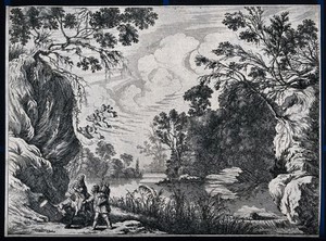 view Mary and Joseph with Jesus through a wide landscape to Egypt. Etching by J. Callot.