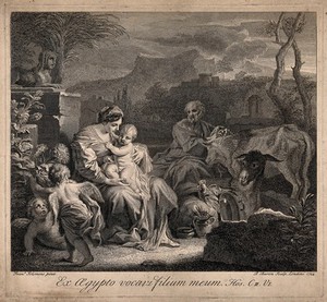 view The holy family resting among animals in Egypt. Etching by B. Baron, 1724, after F. Solimena.