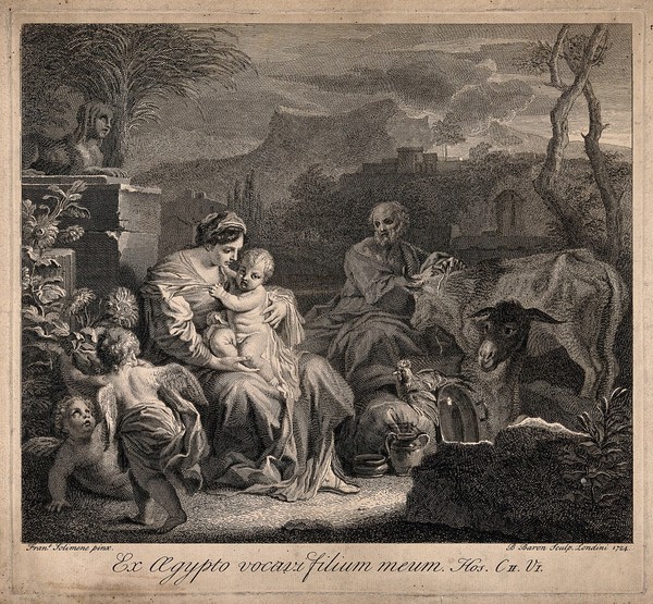 The holy family resting among animals in Egypt. Etching by B. Baron, 1724, after F. Solimena.