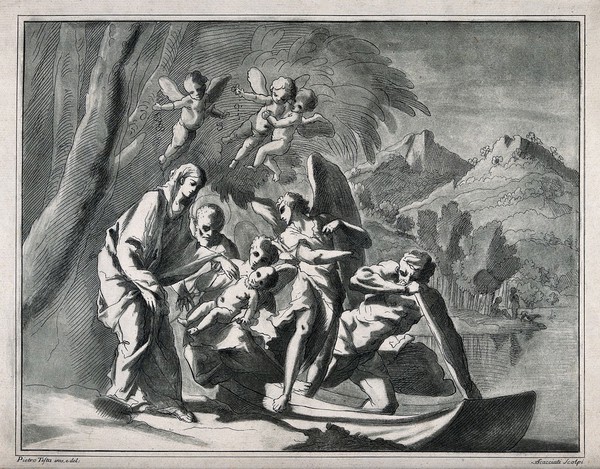 Accompanied by angels, the fugitive holy family board a barge to cross a river. Etching by A. Scacciati after P. Testa.