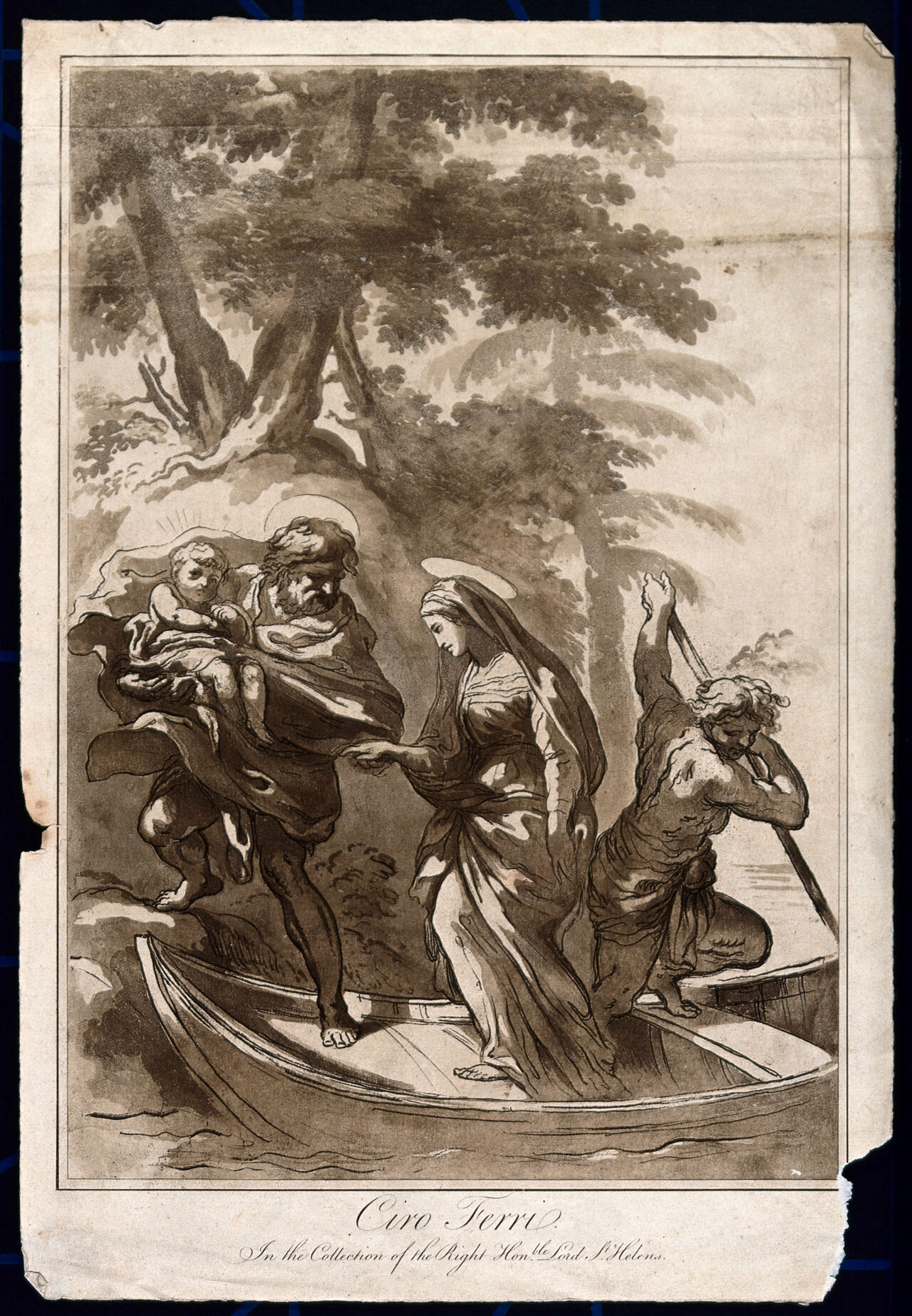 The fugitive holy family board a barge. Aquatint with etching after C. Ferri., by Ciro Ferri