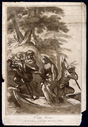 view The fugitive holy family board a barge. Aquatint with etching after C. Ferri.