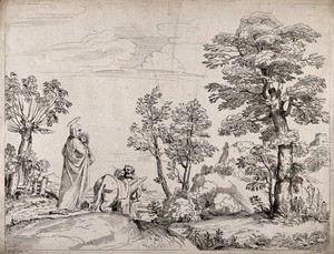 view Mary and Joseph voyage to Egypt with the infant Jesus. Etching by A.-C.-P. de Caylus after A. Carracci.