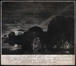 view The flight into Egypt in the night, illuminated by the moon and the milky way. Engraving by H. Goudt, 1613, after A. Elsheimer, 1609.