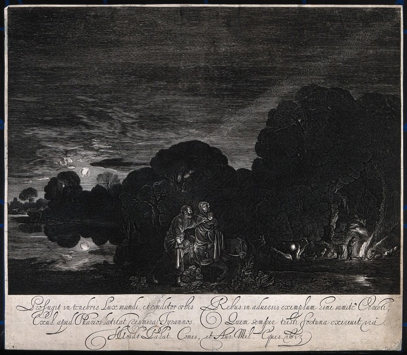 The flight into Egypt in the night, illuminated by the moon and the milky way. Engraving by H. Goudt, 1613, after A. Elsheimer, 1609., 1613, by Adam Elsheimer