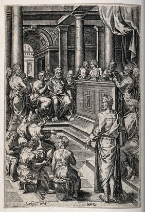 Christ among the doctors. Engraving by A. de Bruyn, c. 1580, after S. Crispi.