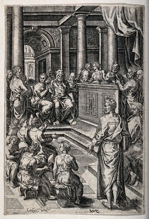 view Christ among the doctors. Engraving by A. de Bruyn, c. 1580, after S. Crispi.