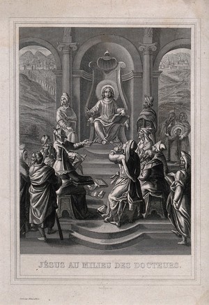 view The young Christ lectures the doctors of the Temple. Engraving by E. Rouargue.