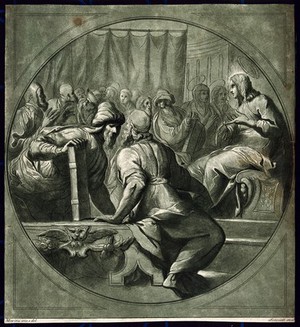 view Christ among the doctors. Etching by A. Scacciati, 1766, after G.B. Moroni, c. 1570.