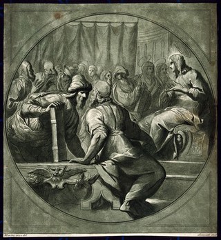 Christ among the doctors. Etching by A. Scacciati, 1766, after G.B. Moroni, c. 1570.