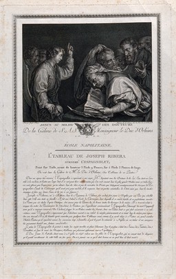 Christ teaches the doctors; while they scour books, he points upwards to indicate the source of his knowledge. Engraving by C. Levasseur after Borel after J. Ribera.