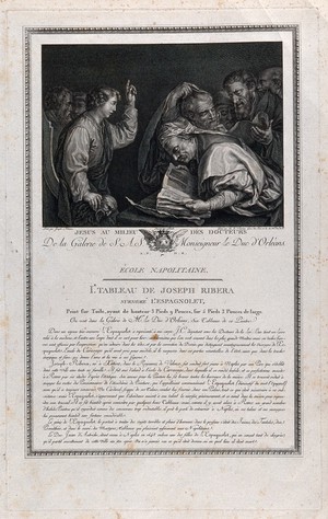 view Christ teaches the doctors; while they scour books, he points upwards to indicate the source of his knowledge. Engraving by C. Levasseur after Borel after J. Ribera.