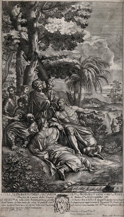 John the Baptist points out the approaching Jesus. Etching by P.S. Bartoli after P.F. Mola.