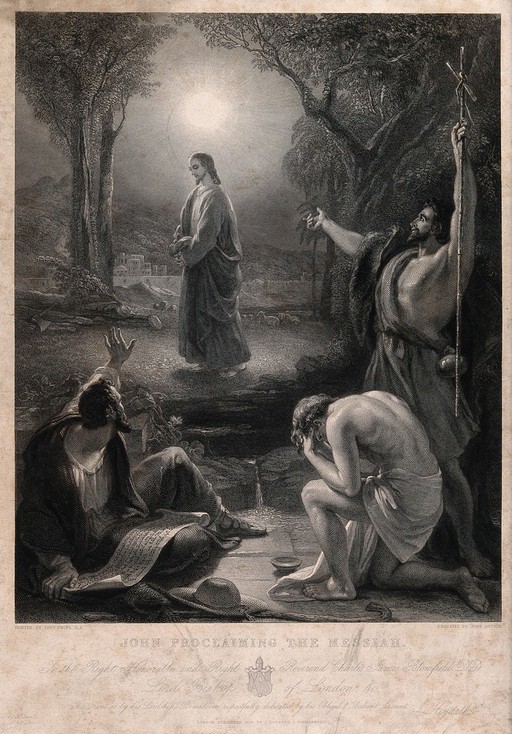 John the Baptist hails Jesus as the messiah to two of his disciples. Engraving J. Outrim, 1847, after T. Uwins.