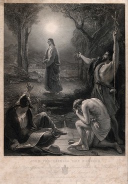 John the Baptist indicates Jesus as the Messiah to two of his disciples. Engraving by J. Outrim, 1847, after T. Uwins.