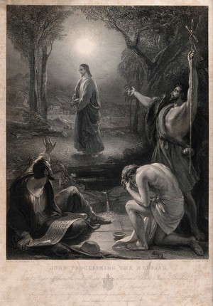 view John the Baptist indicates Jesus as the Messiah to two of his disciples. Engraving by J. Outrim, 1847, after T. Uwins.