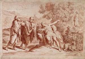 view John the Baptist recognises Jesus as the messiah. Stipple engraving by F. Bartolozzi, 1765, after D. Zampieri, il Domenichino.