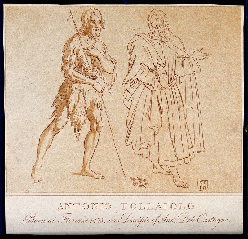 John the Baptist meets Jesus Christ. Colour etching after A. Pollaiuolo., 1798, by Antonio del Pollaiuolo