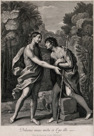 view John the Baptist embraces Jesus, whom he has been awaiting. Engraving by G. Rousselet after G. Reni.