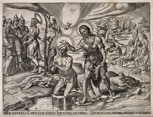 view John baptises Christ in the Jordan. Engraving by P. Galle, 1564, after M. van Heemskerck.