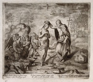 view John baptises Christ; two angels watch. Engraving by T. Crüger, ca. 1617, after A. del Sarto.