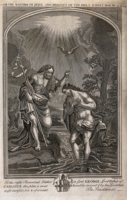 John baptises Christ; the holy spirit descends. Etching by J. Mynde, c. 1737.
