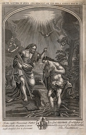 view John baptises Christ; the holy spirit descends. Etching by J. Mynde, c. 1737.