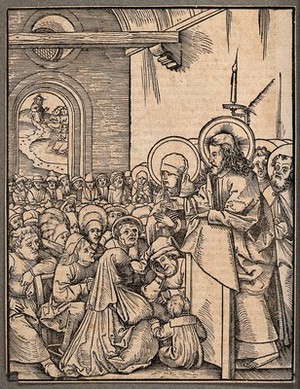 view Christ preaching before a crowd. Woodcut.