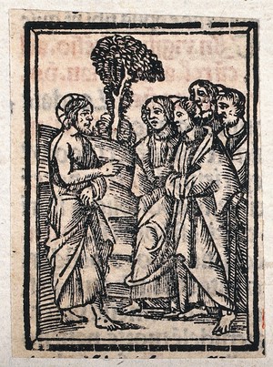 view Christ preaching to the apostles. Woodcut.