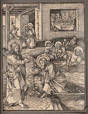 view Jesus calls the fishermen to be his apostles; in the background he performs the miracle at Cana. Woodcut.