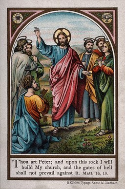 Jesus appoints Peter as head of the church. Chromotypograph.