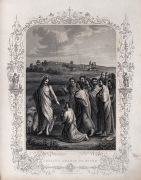 Jesus appoints Peter as head of the church. Engraving.